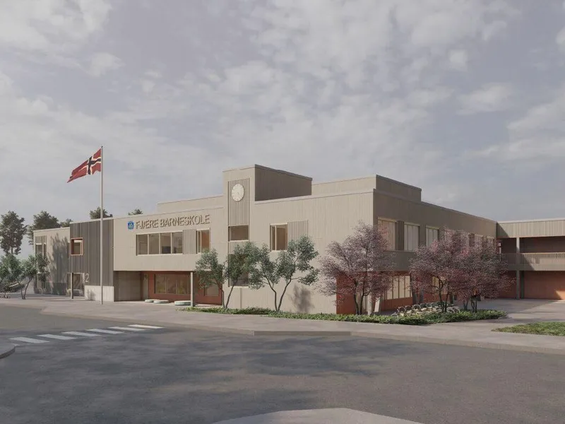 Illustrasjon av Fjære Barneskole, et nytt skolebygg dimensjonert for 350 elever på 1.–7. trinn. Rivco har detaljprosjektert VVS-anleggene, som omfatter sanitær, sprinkler, varme, kjøling, sponavsug og luftbehandling.