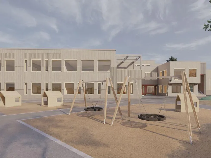 Illustrasjon av Fjære Barneskole med lekeplass, husker og skolebygg i bakgrunnen. Rivco, et datterselskap av Asplan Viak, har detaljprosjektert VVS-anleggene, som omfatter sanitær, sprinkler, varme, kjøling, sponavsug og luftbehandling.