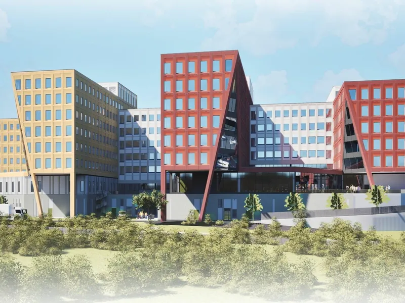 Loe Betongelementer har sikret seg kontrakten på bæresystemer i betong og stål når Veidekke skal bygge Kongsberg Defence & Aerospace sitt nye kontorbygg.. Illustrasjon: Halvorsen & Reine AS