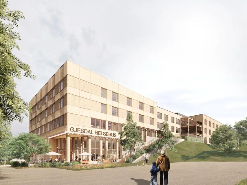 Skissetegning av Gjesdal Helsehus som Skanska skal bygge i Ålgård for Gjesdal Kommune