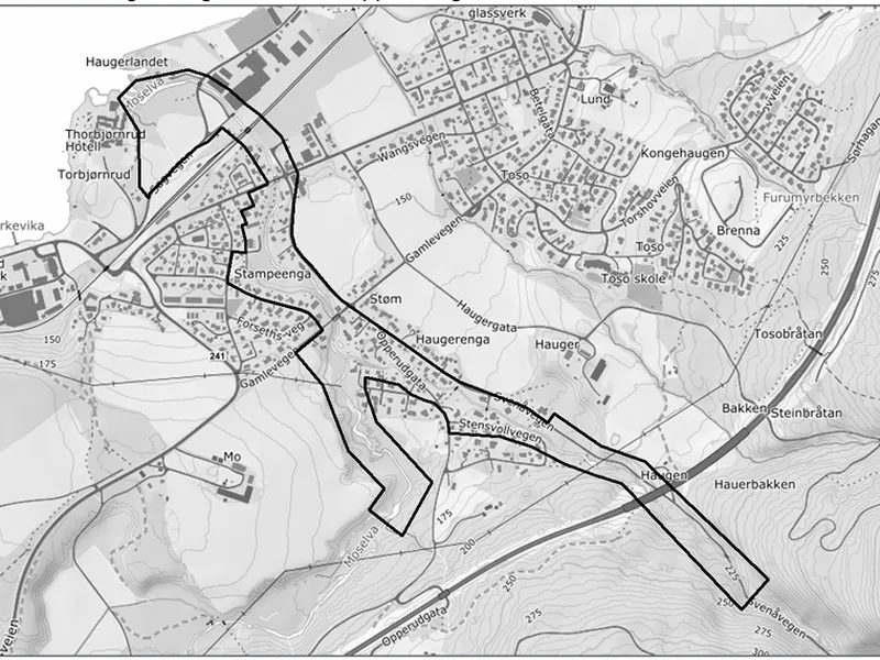 Kartutsnitt som viser planavgrensningen for detaljregulering for flomsikring av Svenåa og Moselva, planID 96