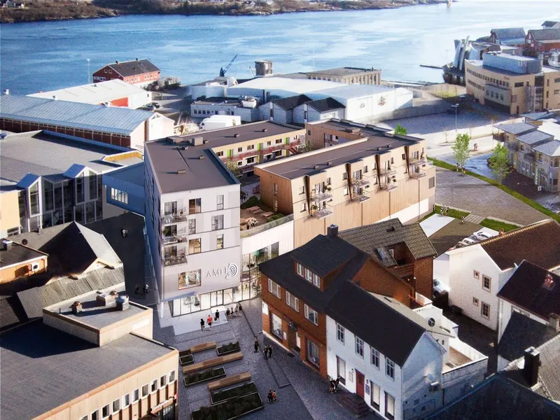 – Det som tidligere var et tomrom i bybildet blir nå til et levende sentrum og den nye porten til Rørvik, sier arkitektfirmaet. Illustrasjon: AMB arkitekter AS