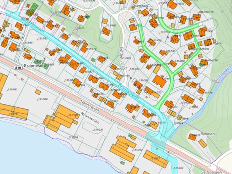 Anleggsområdet rehabilitering VA Grannesveien-Svartflogveien-Krøtabakken med bygging av ny avløpspumpestasjon nord for Nesnaveien. - Klikk for stort bilde
