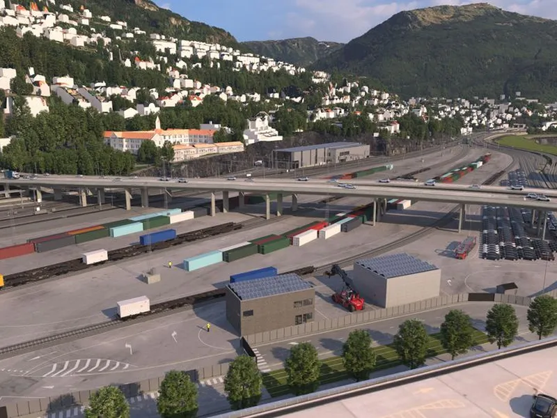 Regjeringen gir klarsignal til bygging av dobbeltspor inn til Bergen stasjon og ny grønn godsterminal. (Illustrasjon: Bane NOR/Cowi)