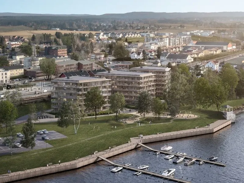 Sett fra Glomma, basert på foreløpige planer. Illustrasjon: 3D Estate/4B Arkitektur/Bar Brakke