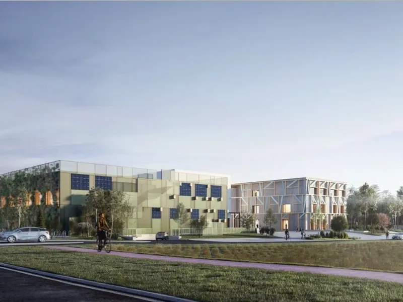 Flerbrukshallen oppføres med et bæresystem i kombinasjon stål/betong og massivtre, og får sedumtak. Illustrasjon: Link Arkitektur