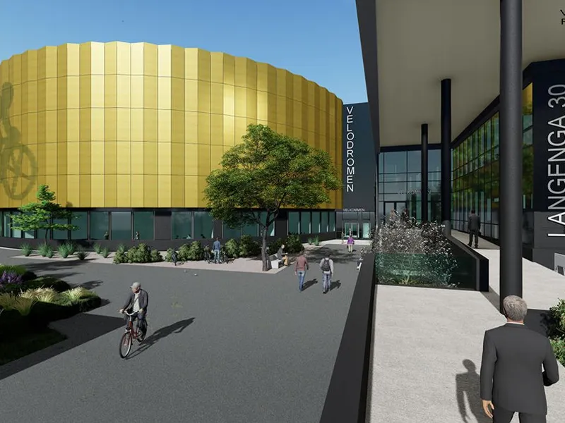 I tillegg til innendørs velodrom skal bygget blant annet inneholde en flerbrukshall og treningssenter. Illustrasjon: Arkitektgruppen Drammen AS