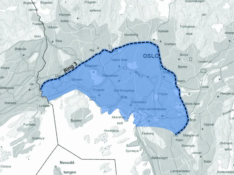 Kart som viser hva som er innenfor ring 3 i Oslo