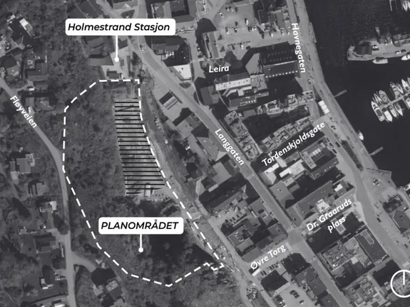 Flyfoto hvor planområdet er er markert - Klikk for stort bilde