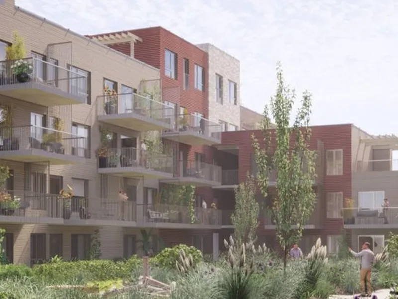Leilighetene i Bankløkka får gode lysforhold og solrike uteplasser, terrasser eller balkonger. Illustrasjon: Børve Borchsenius Arkitekter