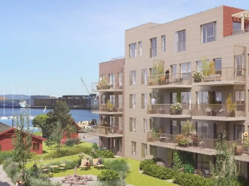 Bankløkka på Horten Havneby består av 61 leiligheter inkludert et townhouse. Illustrasjon: Børve Borchsenius Arkitekter