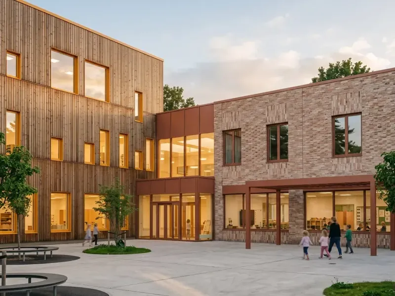 Løten barneskole vil bli bygget med teglstein og og treverk.