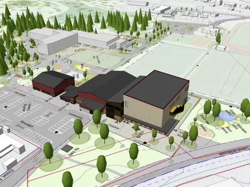 Skisse fra Spinn Arkitekter, av ny flerbrukshall/Svømmehall, i fugleperspektiv.