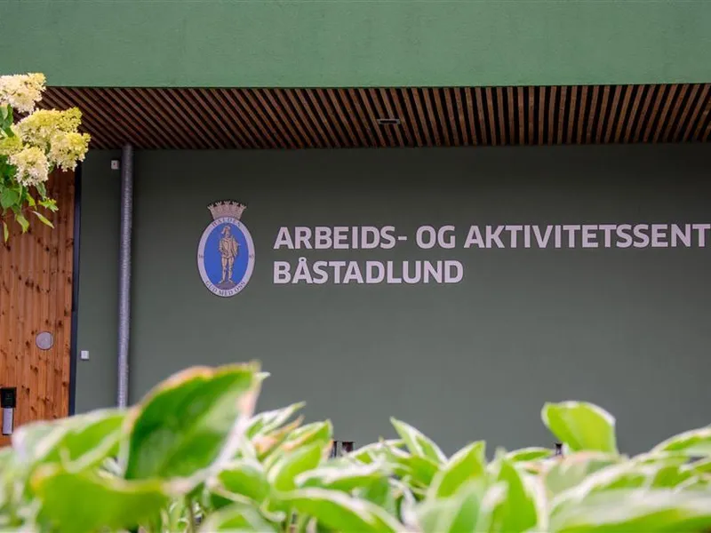 På en mørkegrønn vegg med grønne blomster i forgrunnen ser vi skiltet til Båstadlund. - Klikk for stort bilde