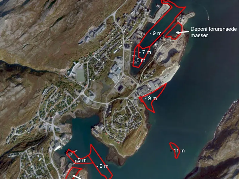 Oversikt over hvor Kystverket skal gjøre havna i Båtsfjord dypere.