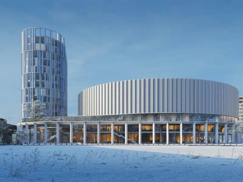 Den nye byarenaen vil få kapasitet til opptil 12.000 gjester og gi Bergen et etterlengtet moderne anlegg for konserter, arrangementer og idrett. (Illustrasjonen er en foreløpig skisse).. Illustrasjon: CF Møller/Nygårdstangen Utvikling.