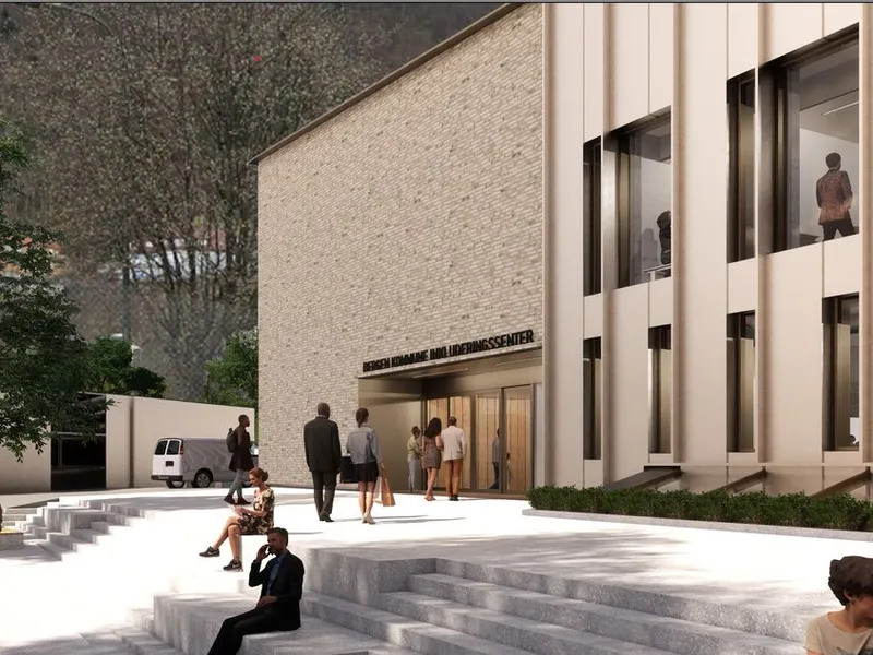 Illustrasjonen viser inngangen til senteret fra parken.
Bilde: 3RW arkitekter/HLM Arkitektur