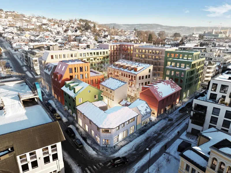 B62 er et nytt kvartal som er under planlegging på Bragernes i Drammen. Omtrent slik kan det bli seende ut fra luften. Illustrasjon: Mad Arkitekter.