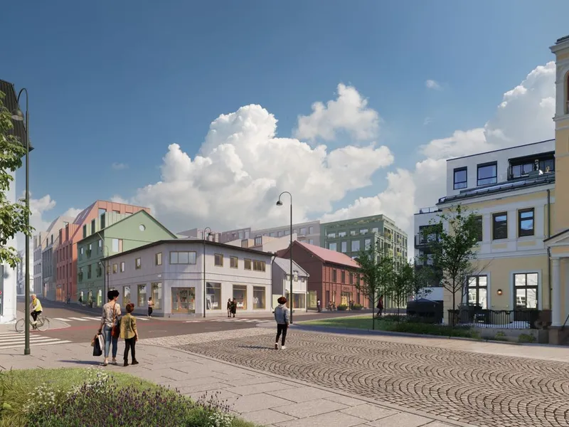 Bygningene i kvartalet vil trappes fra tre til seks etasjer. Illustrasjon: Mad Arkitekter.