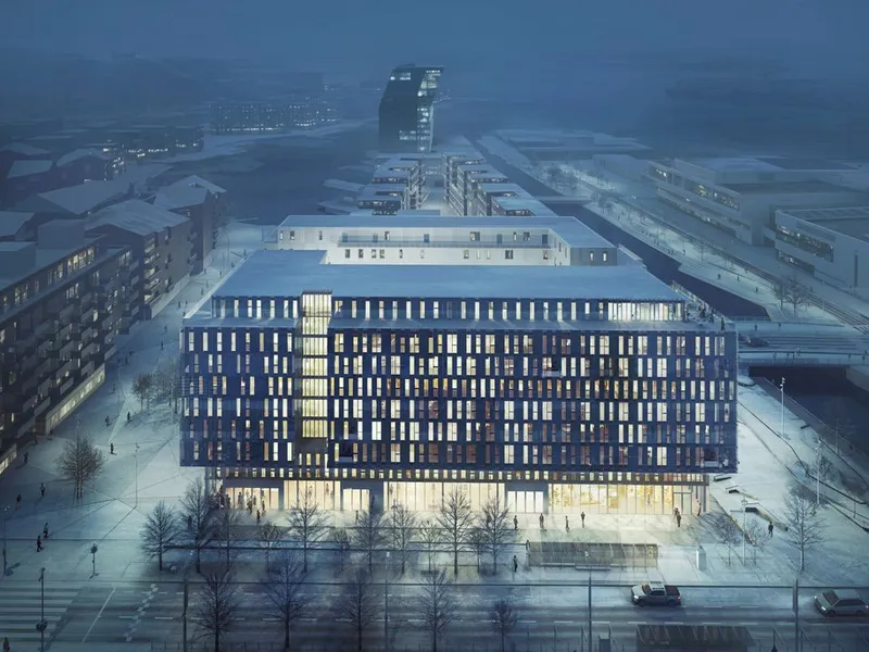 Bygget vil få et moderne uttrykk med utstrakt bruk av takhager og takterrasser som passer godt inn i bybildet. Illustrasjon: Mir