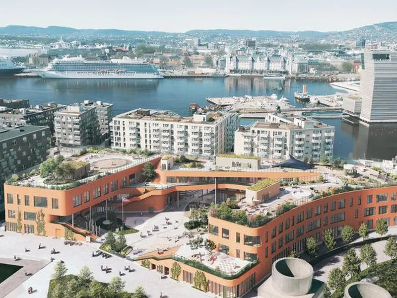 Illustrasjon av bygget til Bjørvika skole ikledd rød teglstein