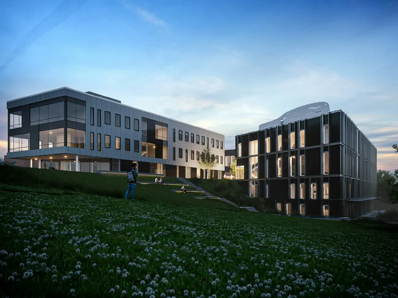 Eksteriørillustrasjon av Consto Nord AS sitt løsningsforslag for Blått bygg ved Nord universitet