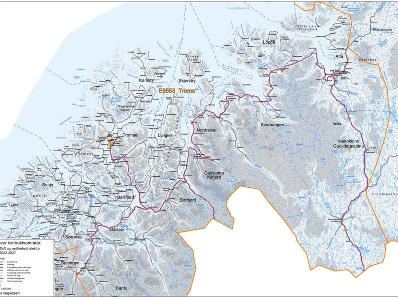 BMO Elektro skal drifte el-anlegg langs riksveg i et stort geografisk område i Troms og Finnmark. De aktuelle strekningene er merket med rosa i kartet.  Illustrasjon: Statens vegvesen.