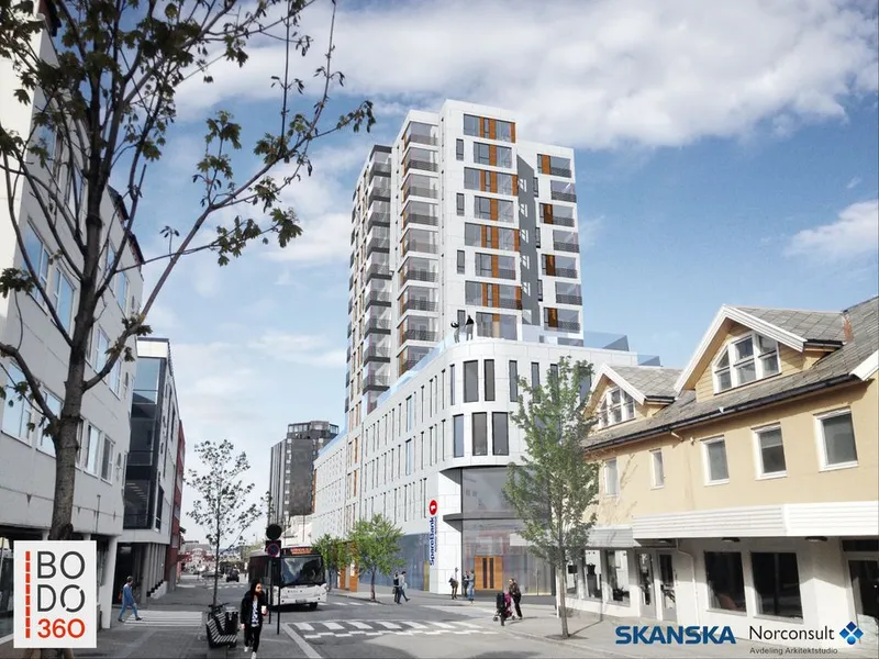 Bodø 360 blir et spektakulært bygg på 14 etasjer.  Illustrasjon: Norconsult