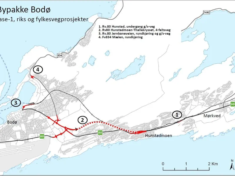 Kart som viser hvor tiltakene ligger i Bypakke Bodø fase 1