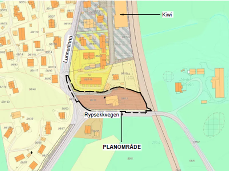 kartutsnitt som viser planområdet på Solvang, Lunner