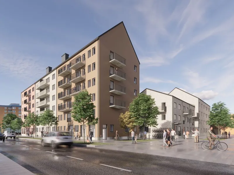 AF Gruppens datterselskap HMB Construction har inngått avtale om å bygge 121 leiligheter for Riksbyggen i sentrum av Gävle. Ill. Riksbyggen
