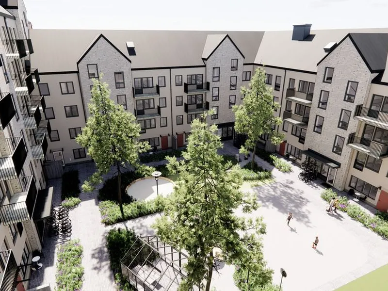 AF Gruppens datterselskap HMB Construction har inngått avtale om å bygge 121 leiligheter for Riksbyggen i sentrum av Gävle. Ill. Riksbyggen