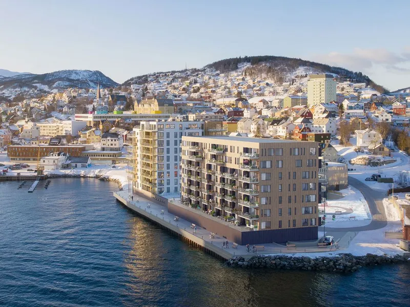 Boligprosjektet Pynten ligger midt i hjertet av Harstad. Nå skal Consto realisere prosjektet. Illustrasjoner: Hamperokken AS.