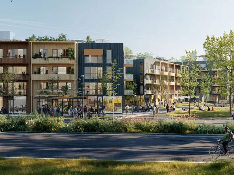 Boligprosjektet Tangentoppen på Nesodden skal bestå av fire byhus med femti leiligheter. Illustrasjon: Wir arkitekter