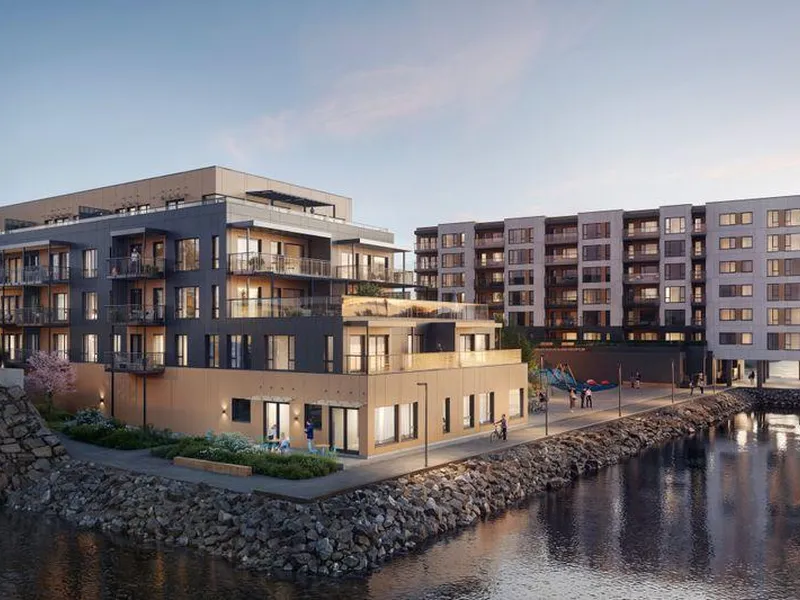 Byggetrinn 2 (nærmest) består av ett‑ til fireromsleiligheter med areal fra 34 til 152 kvadratmeter.