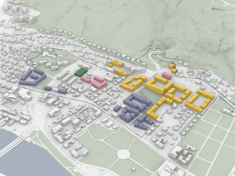3D illustrasjon over planforslag for Bragernes sentrum vest.