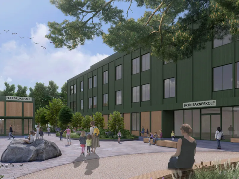 Illustrasjon som viser hvordan ny Bryn og Hammerbakken skole  med flerbrukshall kan se ut