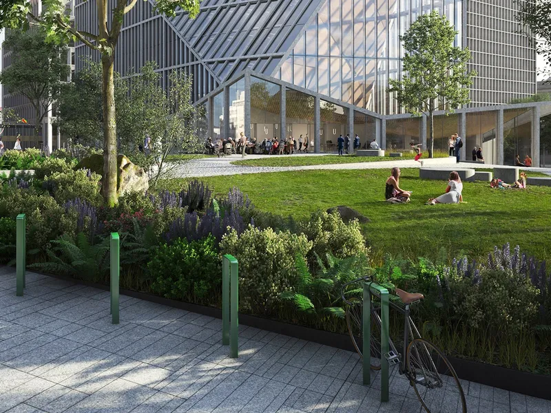 A-blokken med park og kafé