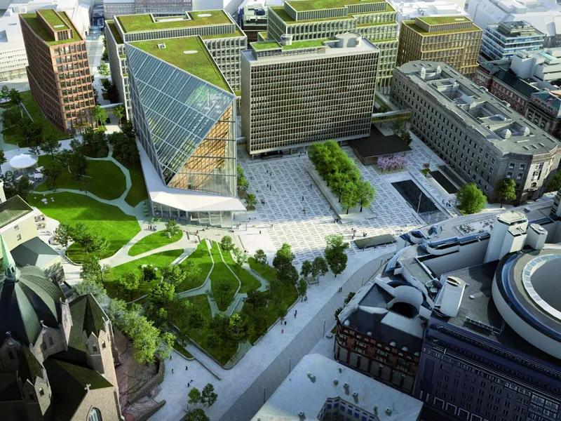 En park på 13.000 kvadratmeter skal etableres mellom Regjeringskvartalet, Trefoldighetskirken, Deich og det nye Hoxton hotell.. Illustrasjon: Statsbygg og Nordic Office of Architecture.