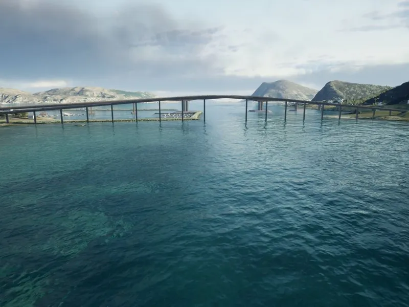 Den nye Nerlandsøybrua blir i underkant av 600 meter lang og skal bygges noen hundre meter øst for eksisterende bru.Illustrasjon: Rambøll