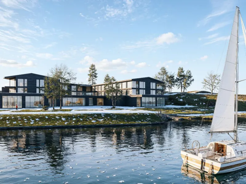 Arbeidet med å bygge Byrknes hotell starter opp i mai. Illustrasjon: DARK Arkitekter.