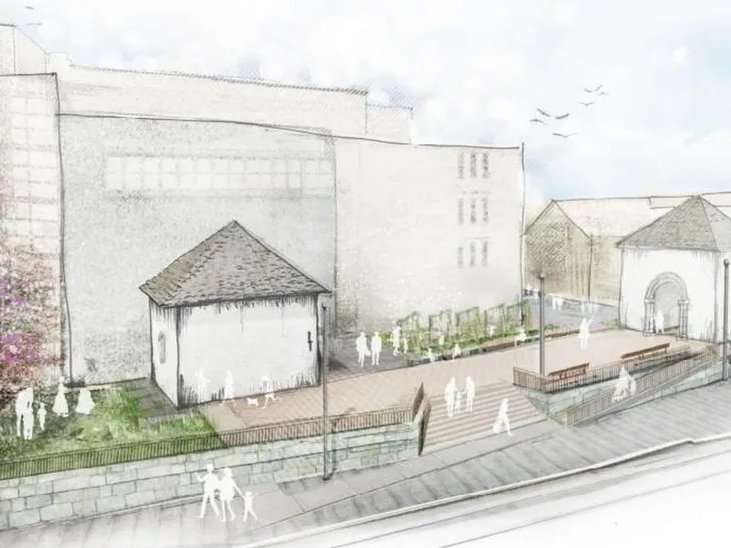 Illustrasjon av restene av et kloster fra 1100-tallet, med tårnfoten til høyre og korkapellet til venstre.