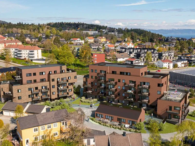 Byvy omfatter totalt 49 leiligheter fordelt over to boligbygg og et småhus. Illustrasjon: Vizwork