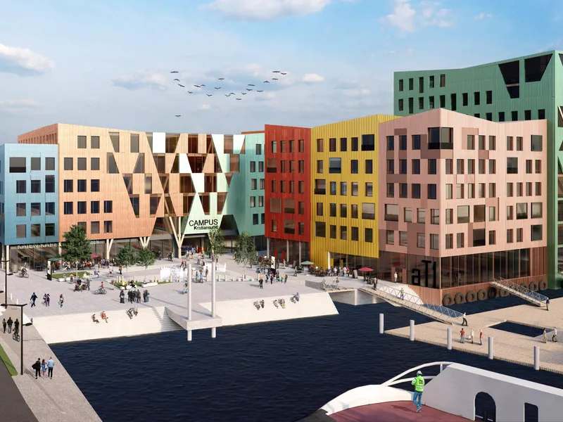 Illustrasjon av et fargerikt Campus Kristiansund ved havet og tett på busstasjon. 