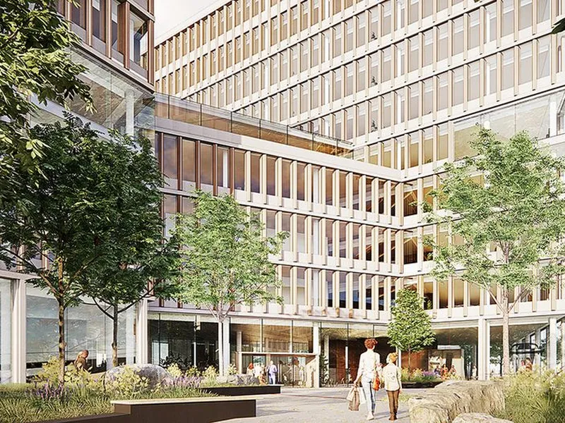 Når Campus Ullevål står ferdig i 2025 er dagens parkeringsplasser blitt til et frodig, grønt torg, med møteplasser for publikum og aktiviteter for barn. Illustrasjon Schmidt Hammer Lassen