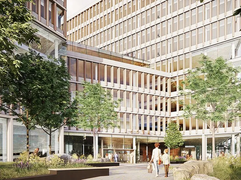 Når Campus Ullevål står ferdig i 2025 er dagens parkeringsplasser blitt til et frodig, grønt torg, med møteplasser for publikum og aktiviteter for barn. Illustrasjon Schmidt Hammer Lassen