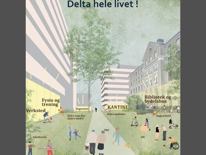 Grøntområde omgitt av både nye og rehabiliterte bygg med aktivitetstilbud for eldre mennesker.
