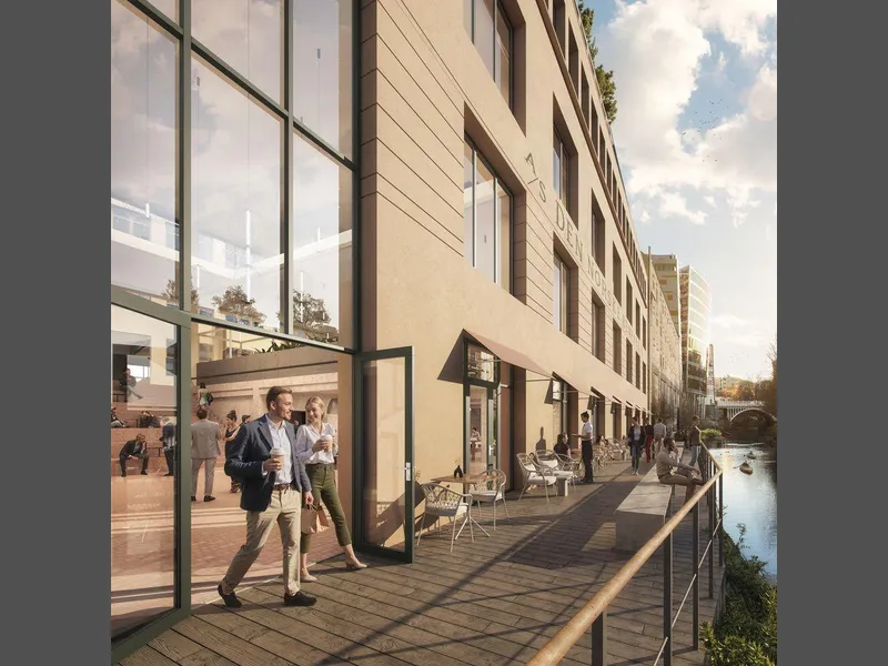 Som en del av utbyggingen skal det etableres en gangforbindelse på vestsiden av elva mellom Vaterland bru og Hausmanns bru. Turstien blir åpen for alle. Illustrasjon: Eve