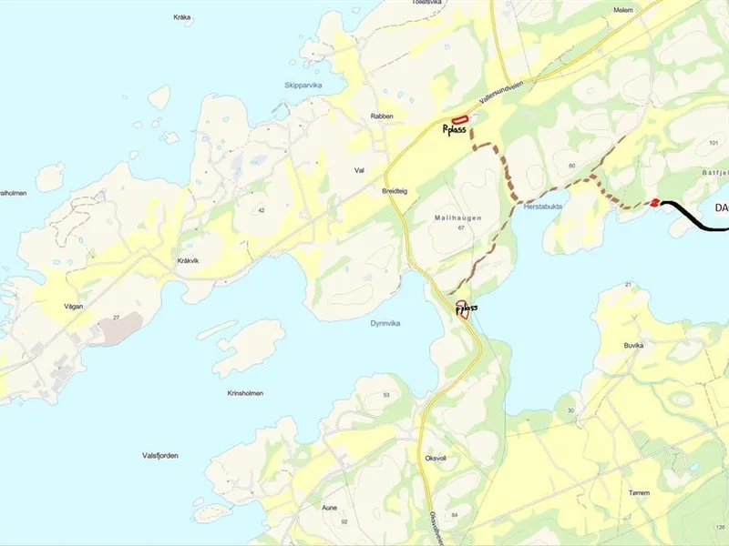 Kart med markering av to parkeringsplasser, samt stien til dagturhytta.  - Klikk for stort bilde