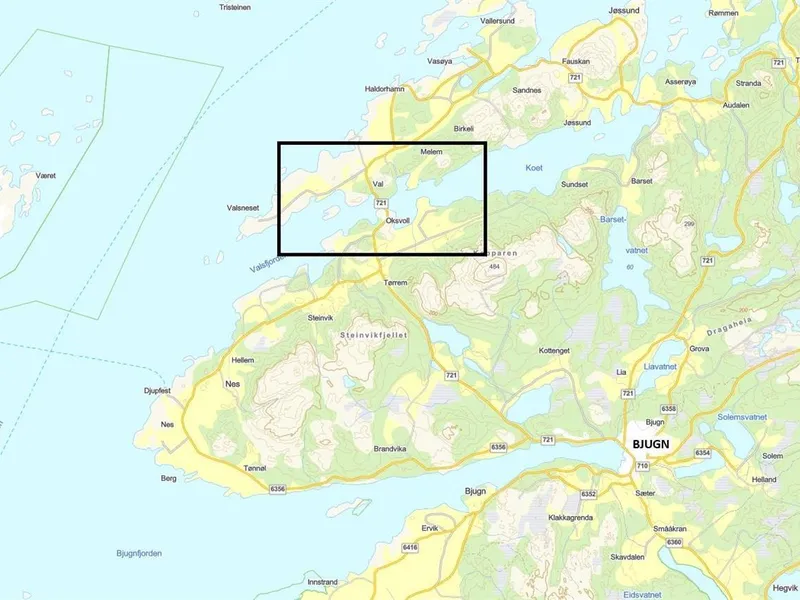 Kart med svart firkant som markerer området dagsturhytta ligger i.  - Klikk for stort bilde